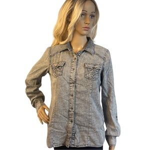 Maurices Premium Gray Washed Denim Button Up Shirt